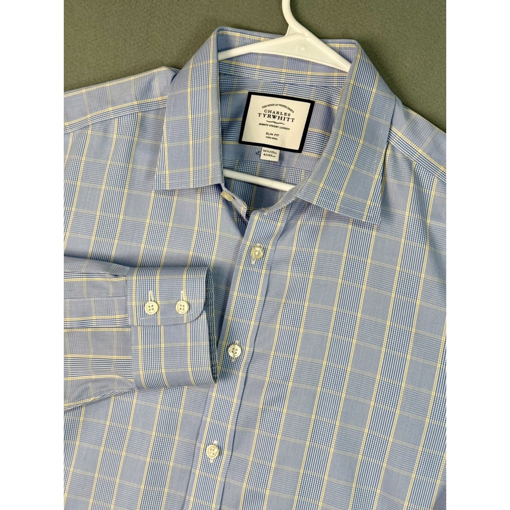 Charles Tyrwhitt Dress Shirt 16.5/35 Blue Yellow Plaid Non Iron Slim Fit